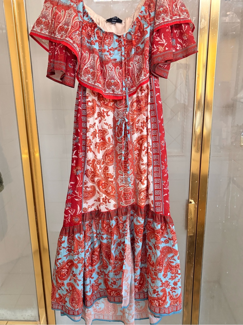 VICi Hi LO Maxi Dress Off the Shoulder with Halter Tie and Flutter Sleeves SZ S